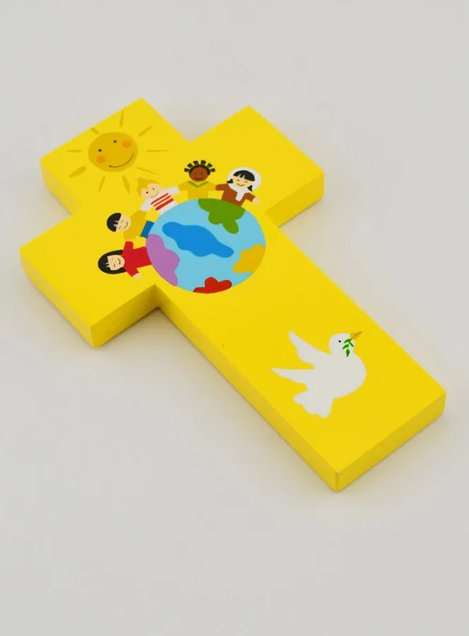 Handbemaltes Holzkreuz Kinder der Welt Gelb 12cm (pic 3)