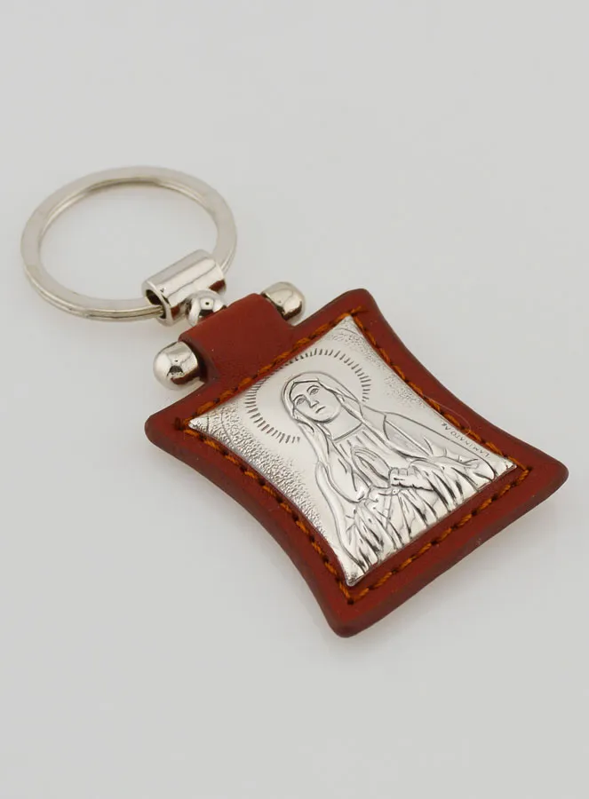 Schlüsselanhänger Madonna von Lourdes Echt Leder Braun und Silber Auflage (pic 3)