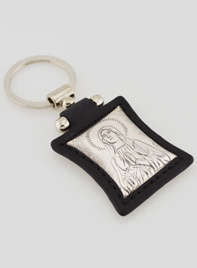 Schlüsselanhänger Madonna von Lourdes Echtleder Schwarz und Silber Auflage (pic 3)