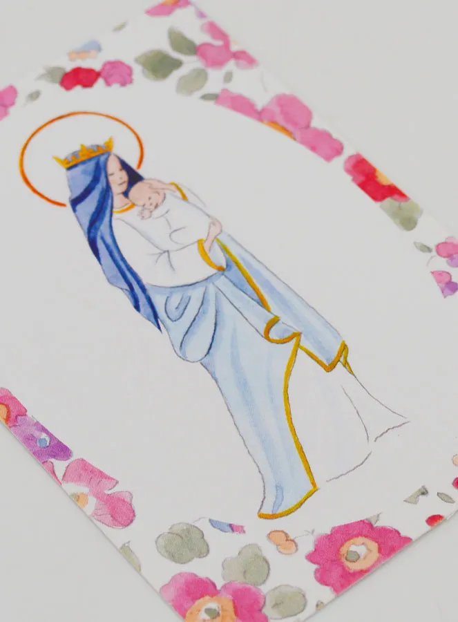 Taufkarte Gekrönte Maria mit Jesus Kind - Rosa Blumen (pic 3)