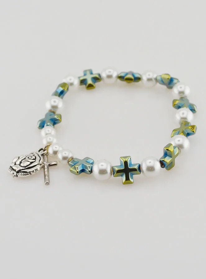 Zehnerrosenkranz-Armband Perlen und Kreuz Perlmutt Grün (pic 3)