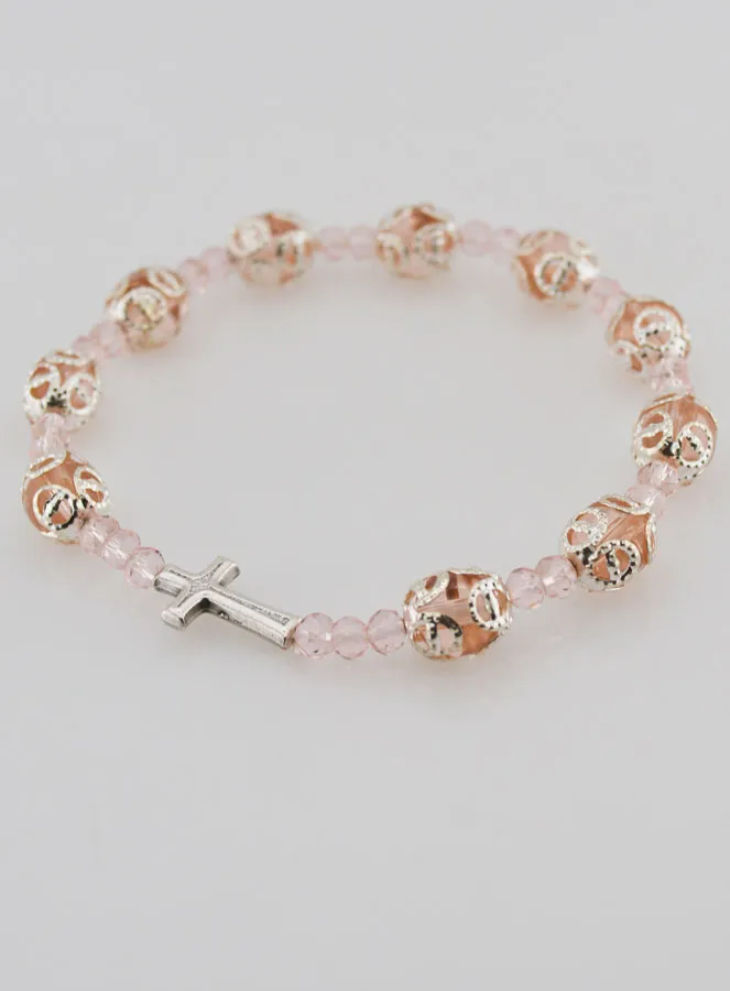 Zehner-Rosenkranz-Armband Rosa verzierte Perlen auf Gummiband (pic 3)