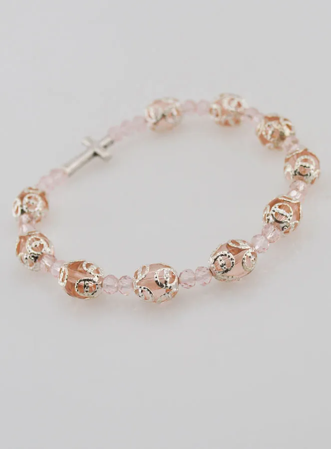 Zehner-Rosenkranz-Armband Rosa verzierte Perlen auf Gummiband (pic 4)