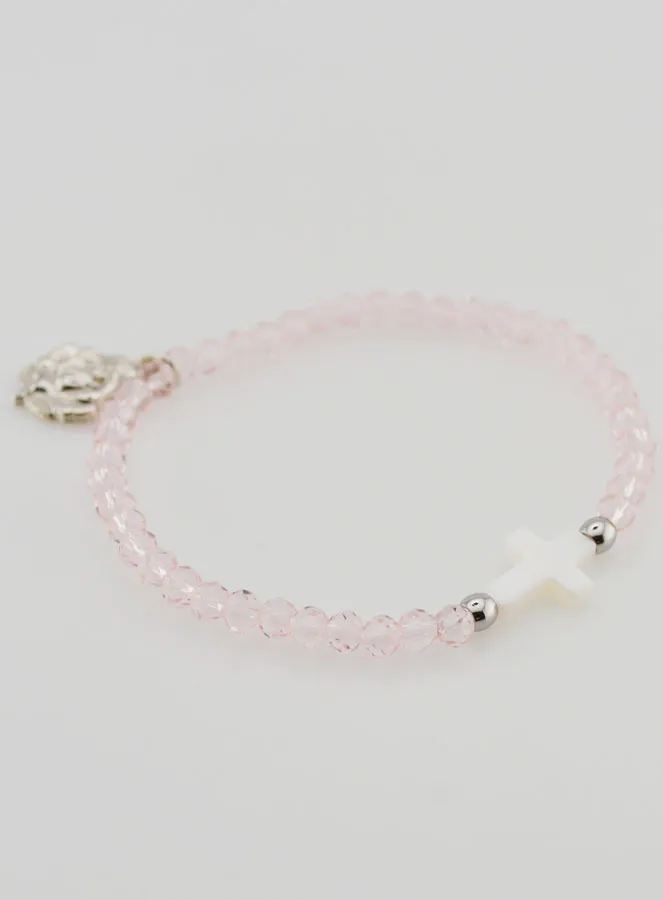Religiöses Armband Rosa Kristall und Perlmutt Kreuz (pic 3)