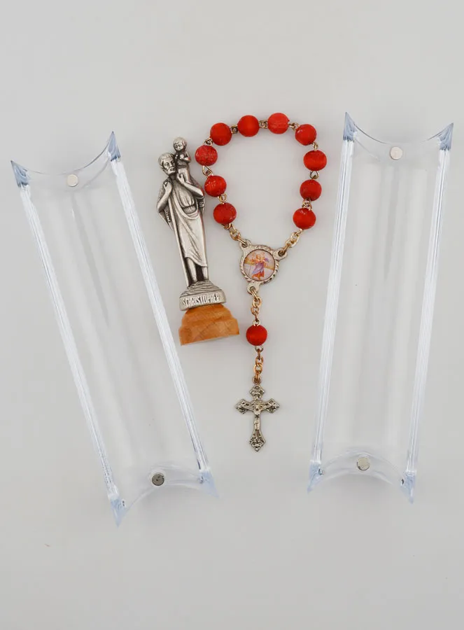 Figur Heiliger Christophorus mit Sockel und Zehner-Rosenkranz Rosen-Holz (pic 4)