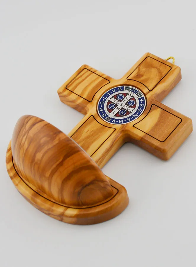 Weihwasserbecken Medaille Heiliger Benedikt & Oliven Holz - 12cm (pic 4)