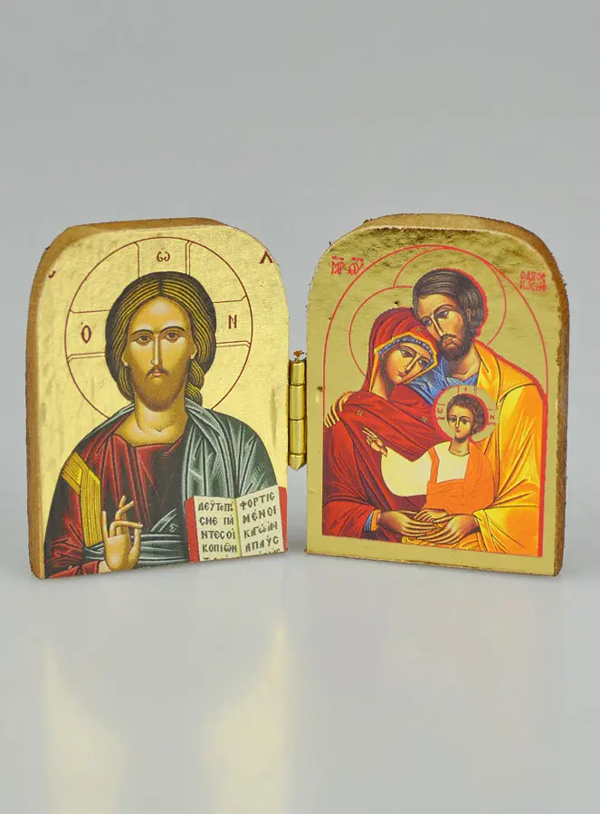 Religiöse Ikone Diptychon Heilige Familie & Christus Pantokrator - Mini Format 5cm (pic 2)