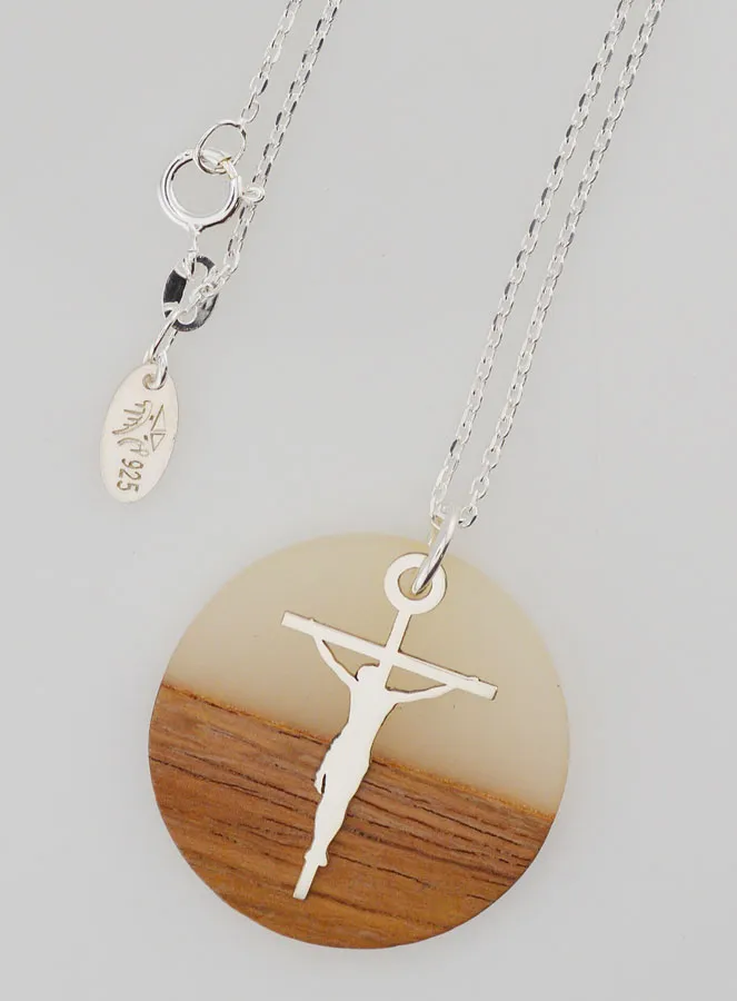 Religöse Halskette Silber - Anhänger Holz Harz mit Kreuz Jesu (pic 1)