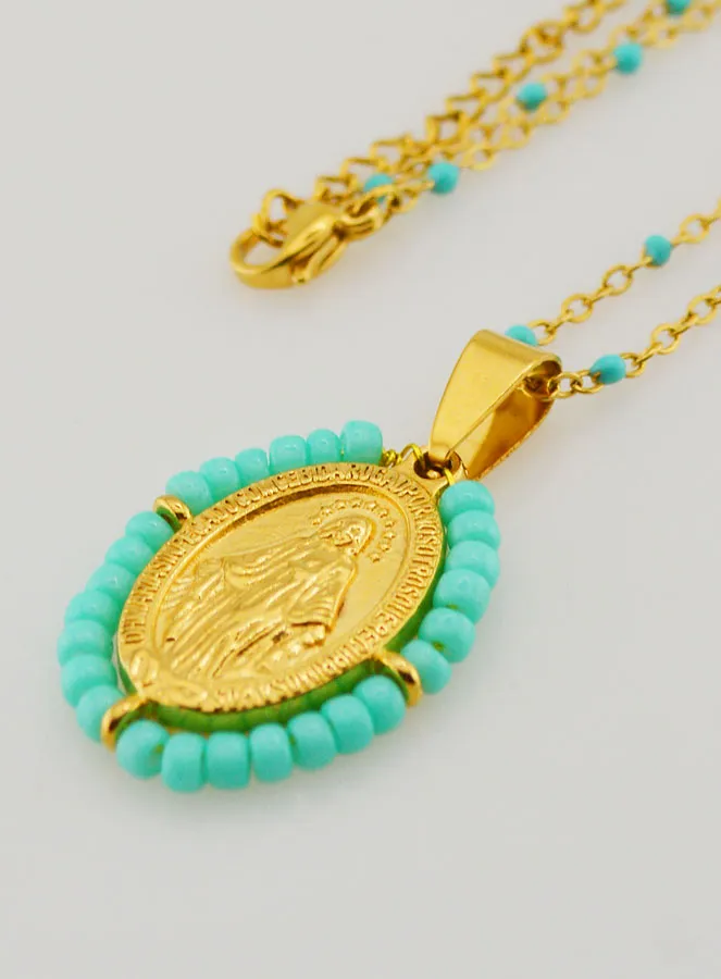 Wundertätige Medaille mit Perlen + Halskette Türkis Blaue Perlen (pic 1)