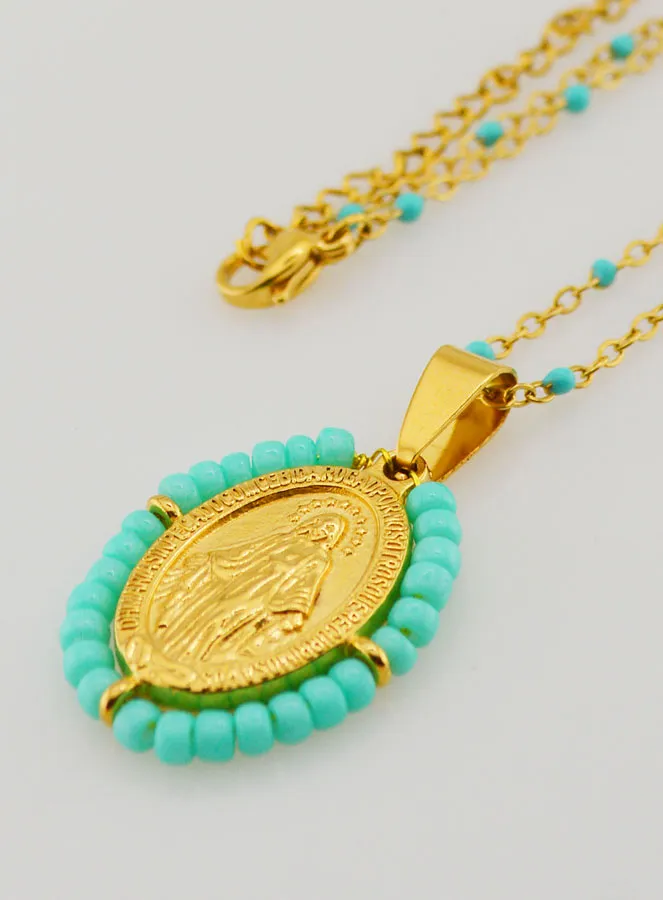 Religiöse Halskette mit Perlen und Wundertätige Medaille - Türkis Blau (pic 1)