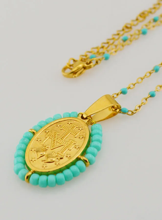 Religiöse Halskette mit Perlen und Wundertätige Medaille - Türkis Blau (pic 2)