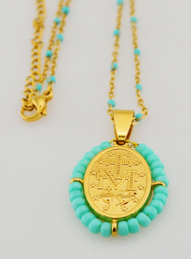 Religiöse Halskette mit Perlen und Wundertätige Medaille - Türkis Blau (pic 3)