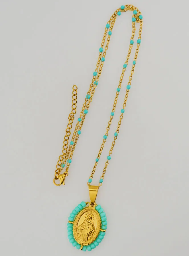 Religiöse Halskette mit Perlen und Wundertätige Medaille - Türkis Blau (pic 4)