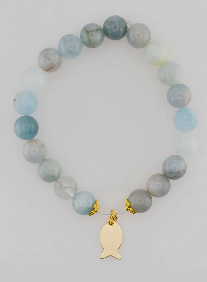 Armband aus Aquamarin Steinen 8mm und Ichthus Goldfarben (pic 1)