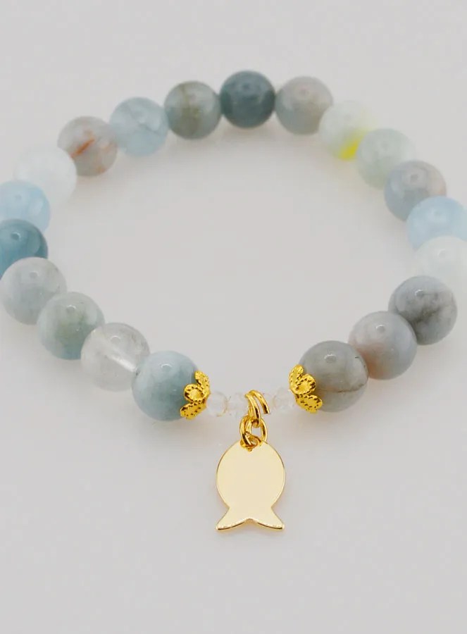 Armband aus Aquamarin Steinen 8mm und Ichthus Goldfarben (pic 2)