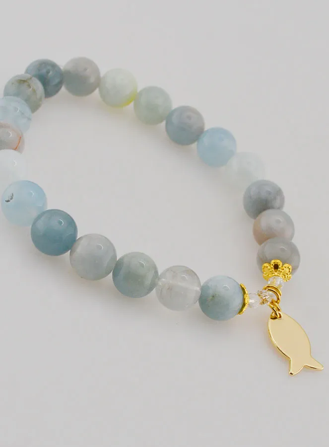 Armband aus Aquamarin Steinen 8mm und Ichthus Goldfarben (pic 3)