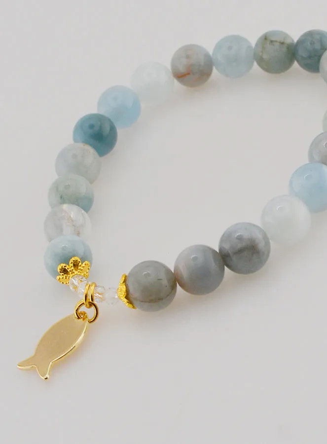 Armband aus Aquamarin Steinen 8mm und Ichthus Goldfarben (pic 4)