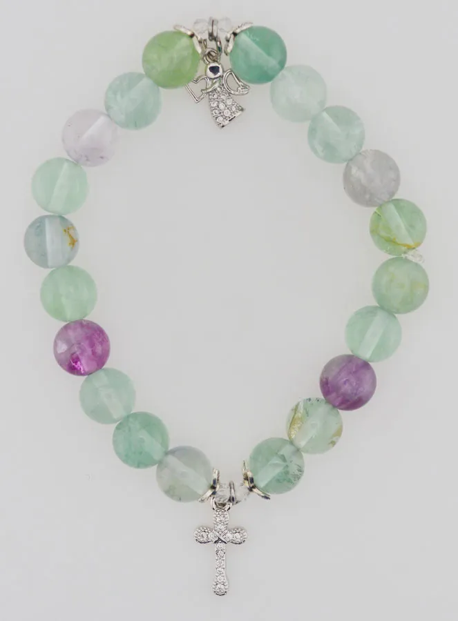 Armband aus Fluorit Steinen 8mm - Engel und Kreuz (pic 1)