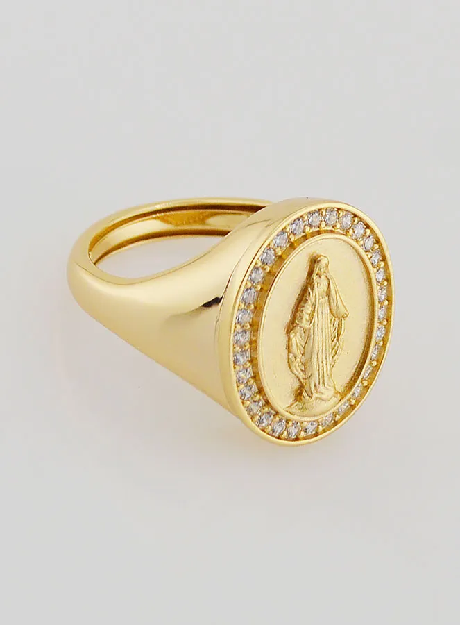Ring Siegelring Wundertätige Madonna Vergoldetes Silber und Zirkonia - Größen 52 bis 56 (pic 3)