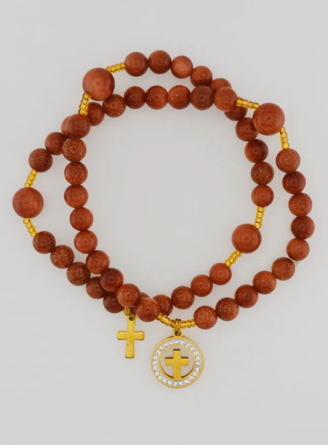 Rosenkranz Armband aus Sonnenstein – Medaille mit Kreuz und Zirkonia (pic 1)
