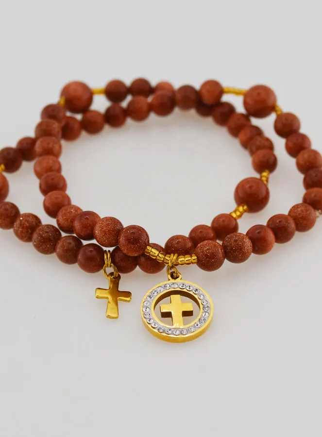 Rosenkranz Armband aus Sonnenstein – Medaille mit Kreuz und Zirkonia (pic 2)