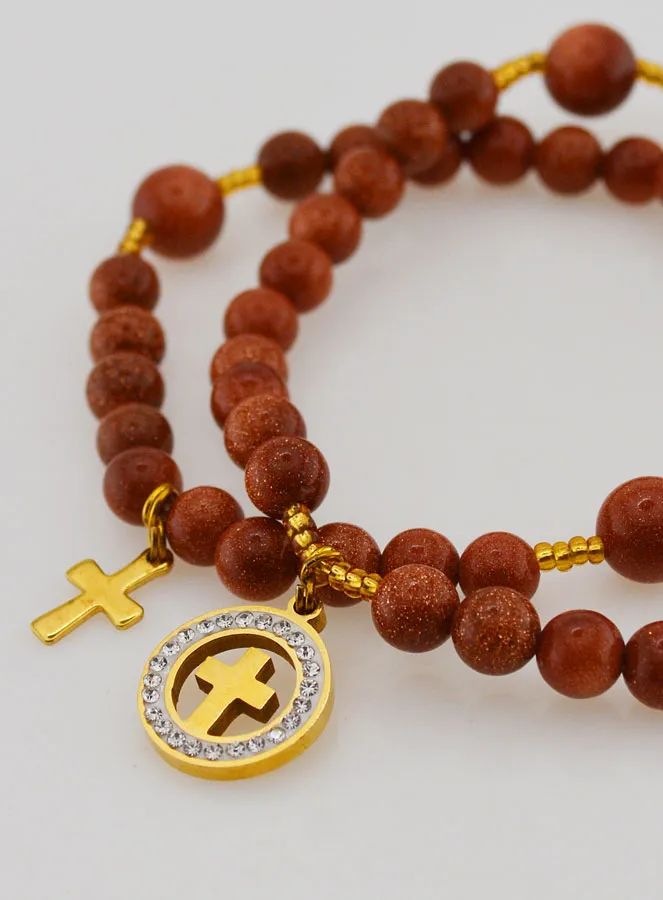 Rosenkranz Armband aus Sonnenstein – Medaille mit Kreuz und Zirkonia (pic 4)