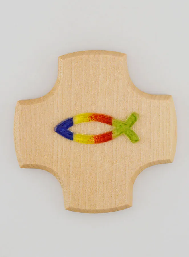 Kreuz aus Ahornholz und Ichthys Fisch aus Glas – 9 cm (pic 1)