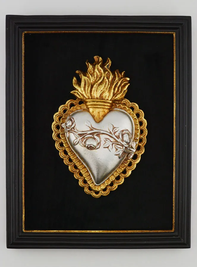 Ex Voto Wanddekoration in Gold und Silber auf Samt – Herz mit Blumen 18 cm (pic 1)