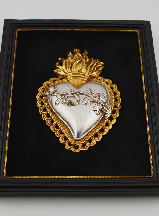 Ex Voto Wanddekoration in Gold und Silber auf Samt – Herz mit Blumen 18 cm (pic 2)