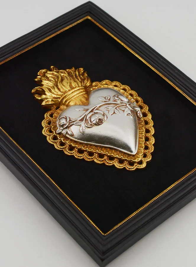 Ex Voto Wanddekoration in Gold und Silber auf Samt – Herz mit Blumen 18 cm (pic 3)