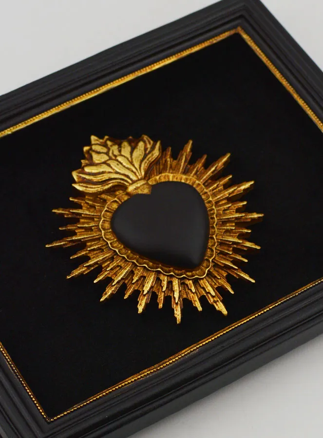 Ex Voto Wanddekoration Herz Schwarz und Gold auf Samt – 16 cm (pic 3)