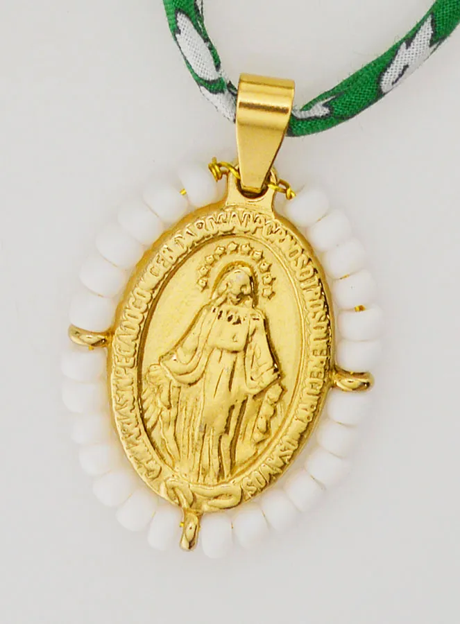 Wundertätige Medaille mit Perlen - Grünes Liberty Band (pic 4)