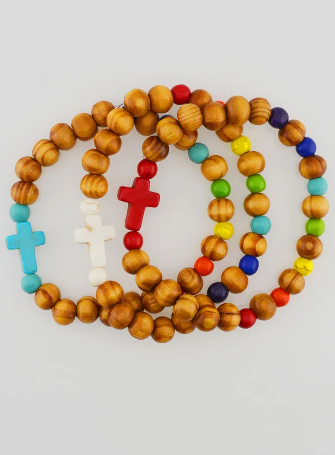 3er-Set Religiöse Armbänder aus Holz mit Kreuz (pic 1)