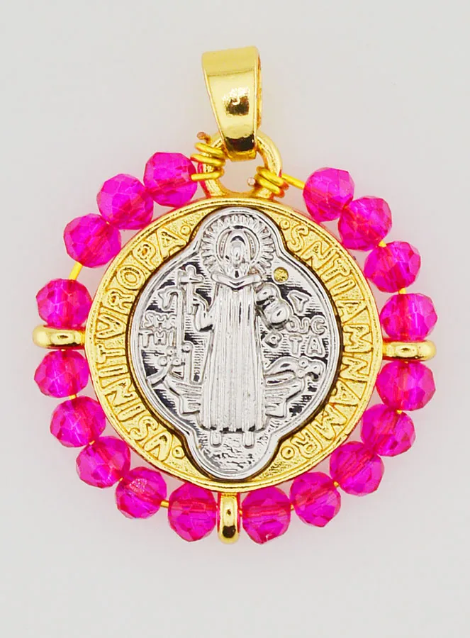Medaille des Heiligen Benedikt aus Messing und Rosa Glas (pic 1)