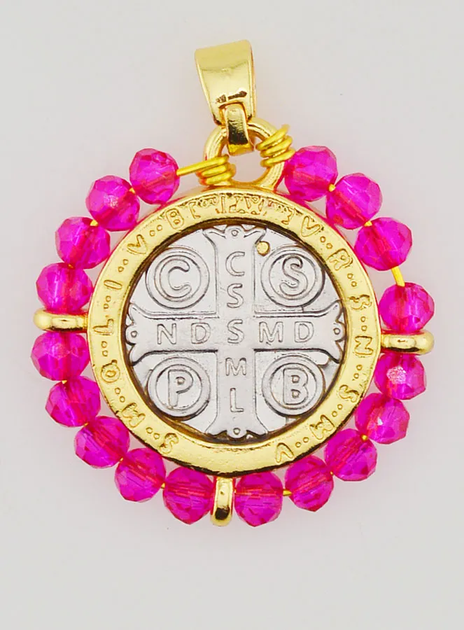 Medaille des Heiligen Benedikt aus Messing und Rosa Glas (pic 2)