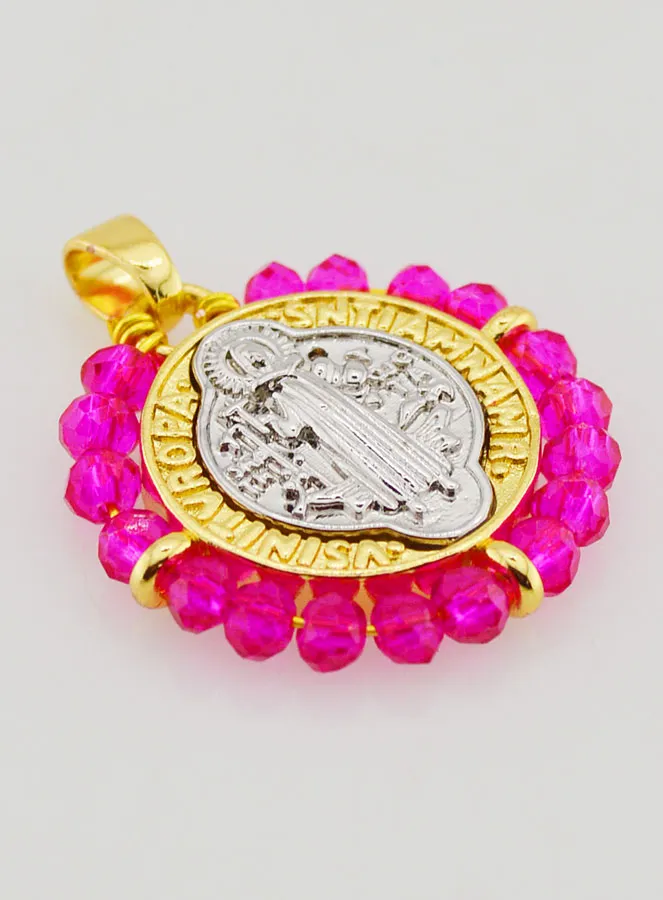 Medaille des Heiligen Benedikt aus Messing und Rosa Glas (pic 4)