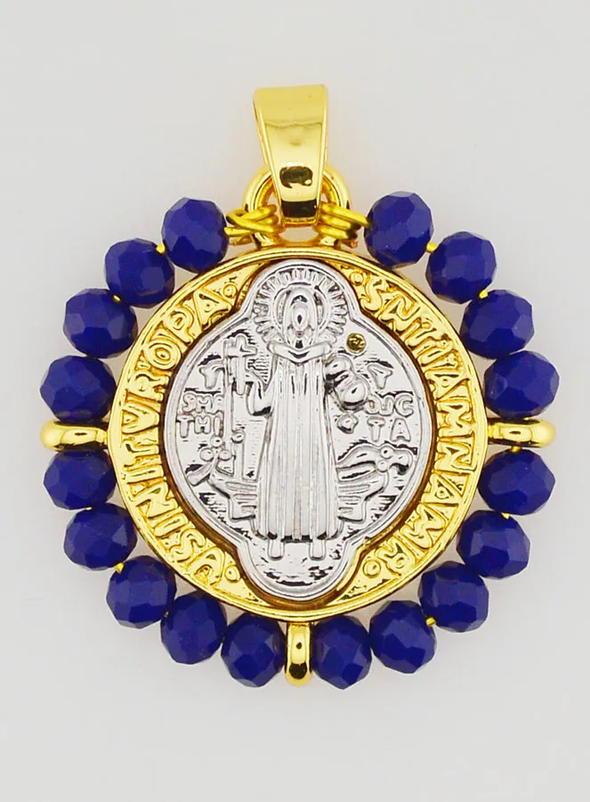 Medaille des Heiligen Benedikt - Messing und Blaues Glas (pic 1)