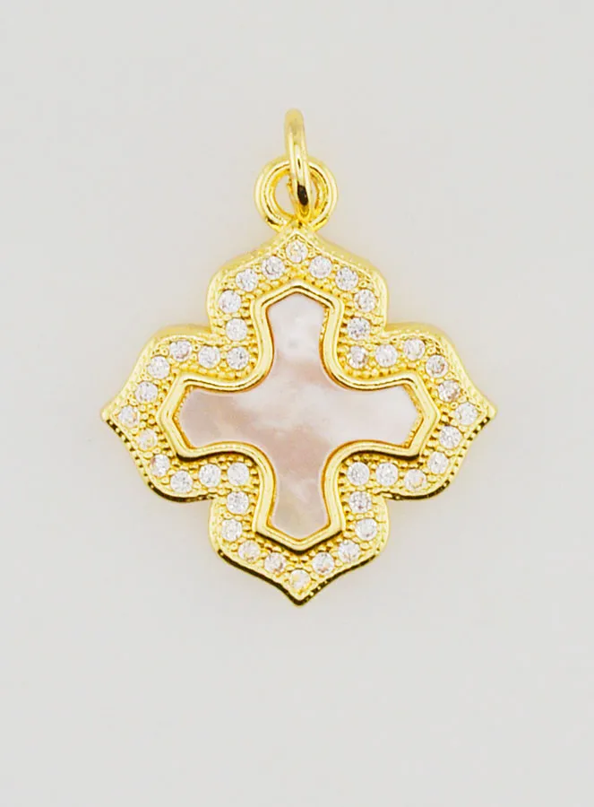 Anhänger Quadratisches Kreuz Perlmutt Messing und Strass (pic 1)