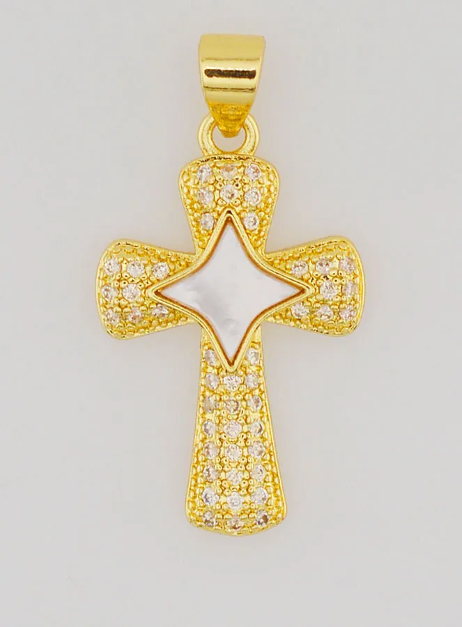 Anhänger Kreuz mit Stern aus Messing und Perlmutt – 22 mm (pic 1)