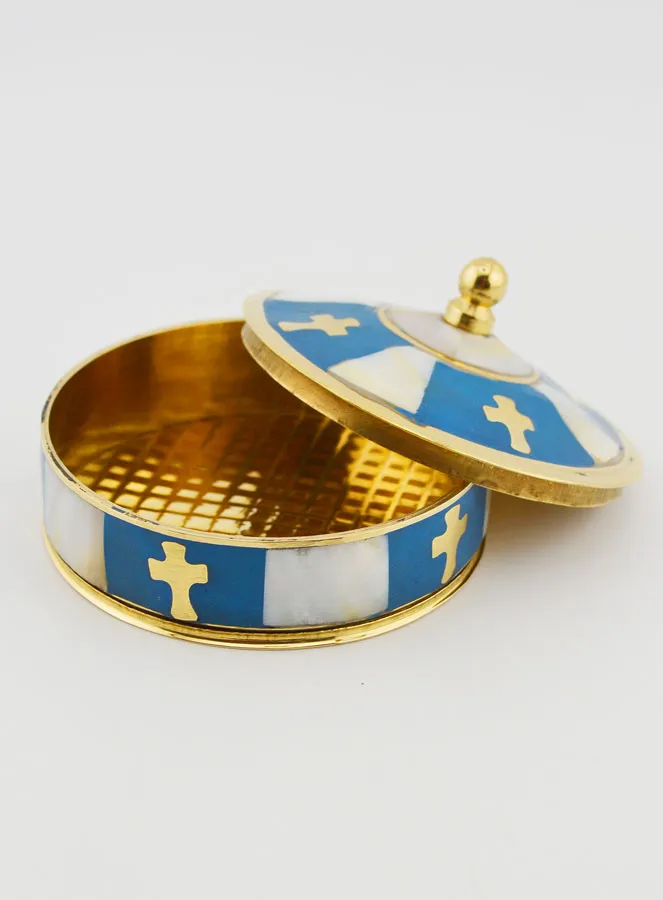 Handgefertigte Rosenkranz Dose aus Messing und Perlmutt – Blau (pic 2)