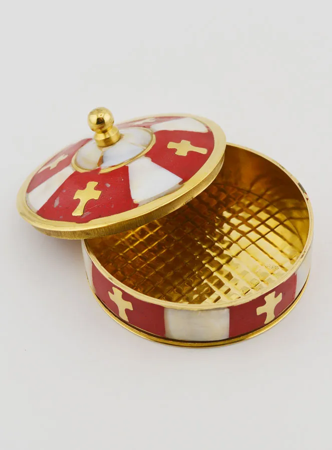 Handgefertigte Rosenkranzdose aus Messing und Perlmutt – Rot (pic 3)