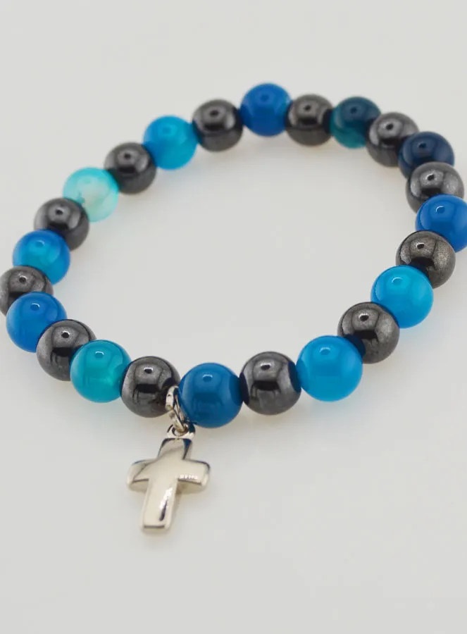 Armband mit Kreuz – Blauer Achat und Hämatit 8mm (pic 4)