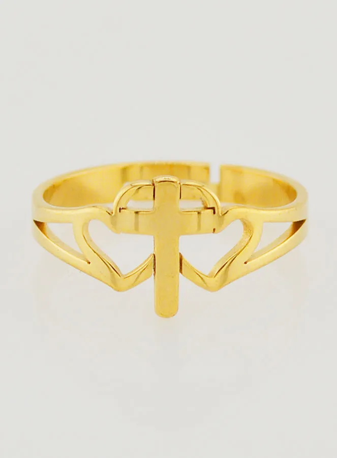 Verstellbarer Religiöser Ring mit Kreuz und Herzen - Goldfarben (pic 1)