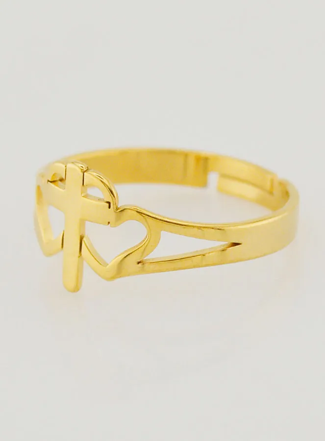 Verstellbarer Religiöser Ring mit Kreuz und Herzen - Goldfarben (pic 2)