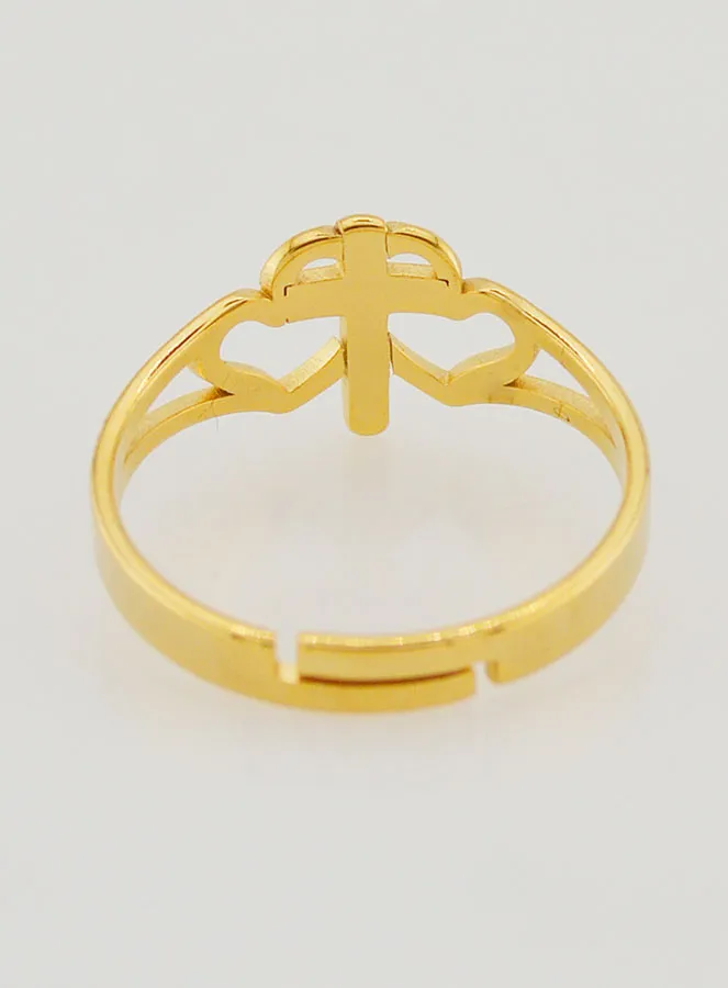Verstellbarer Religiöser Ring mit Kreuz und Herzen - Goldfarben (pic 4)