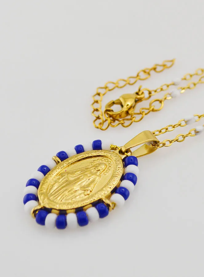 Wundertätige Medaille Blaue und Weiße Perlen + Kette mit Weißen Perlen (pic 1)