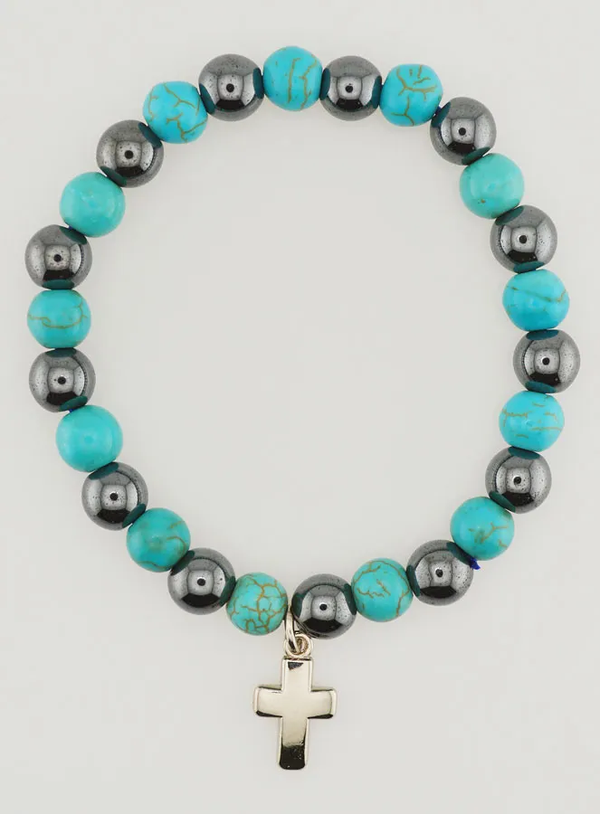 Religiöses Armband mit Kreuz – Hämatit und Türkis (pic 1)