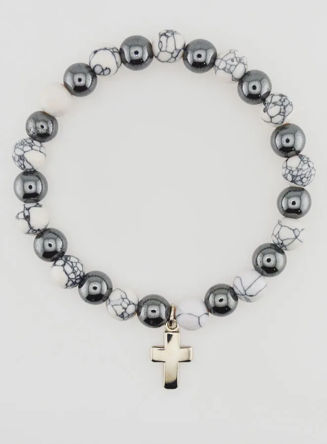 Religiöses Armband mit Kreuz - Hämatit und Howlith (pic 1)