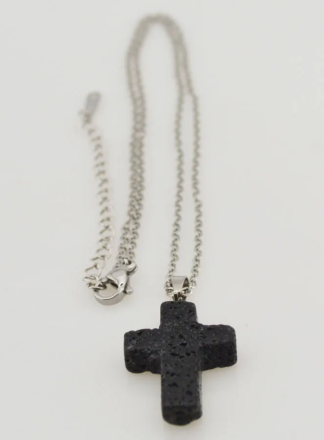 Religiöse Halskette Edelstahl und Kreuz aus Lavastein (pic 3)