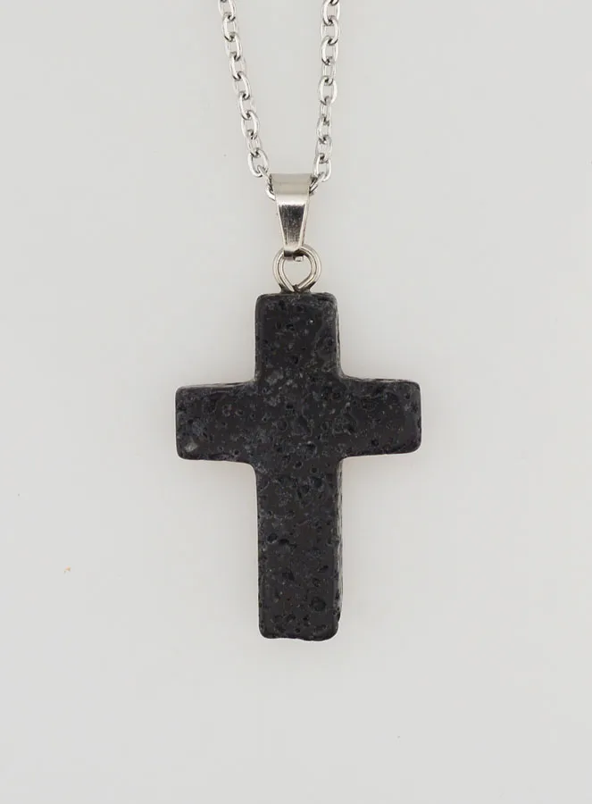 Religiöse Halskette Edelstahl und Kreuz aus Lavastein (pic 4)